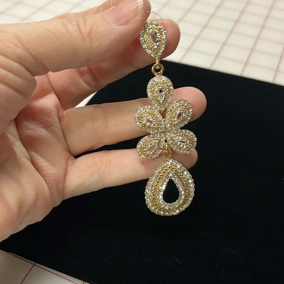 RHINESTONE/GOLD EVENING 3" Drop Glamour Party Wedding Pierced Cocktail Earrings - Picture 5 of 11